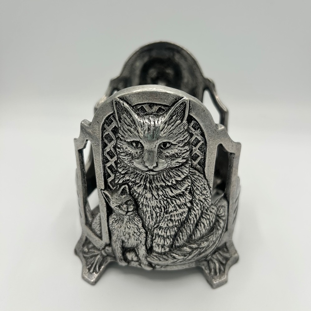 Vintage Carson 1998 Cat and Kitten Pewter Metal Candle Holder Jar Sleeve